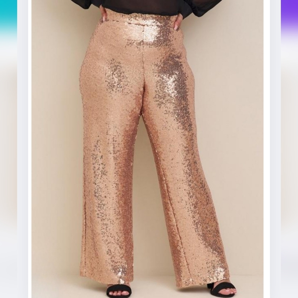 NWT Torrid 1 Champagne Beige Tan Sequin Wide Leg Pants 1633-BG - Picture 2 of 16